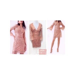 French Connection 6 Rose Gold Sequin Mini Dress Bell Sleeve Mesh Celliene NWT